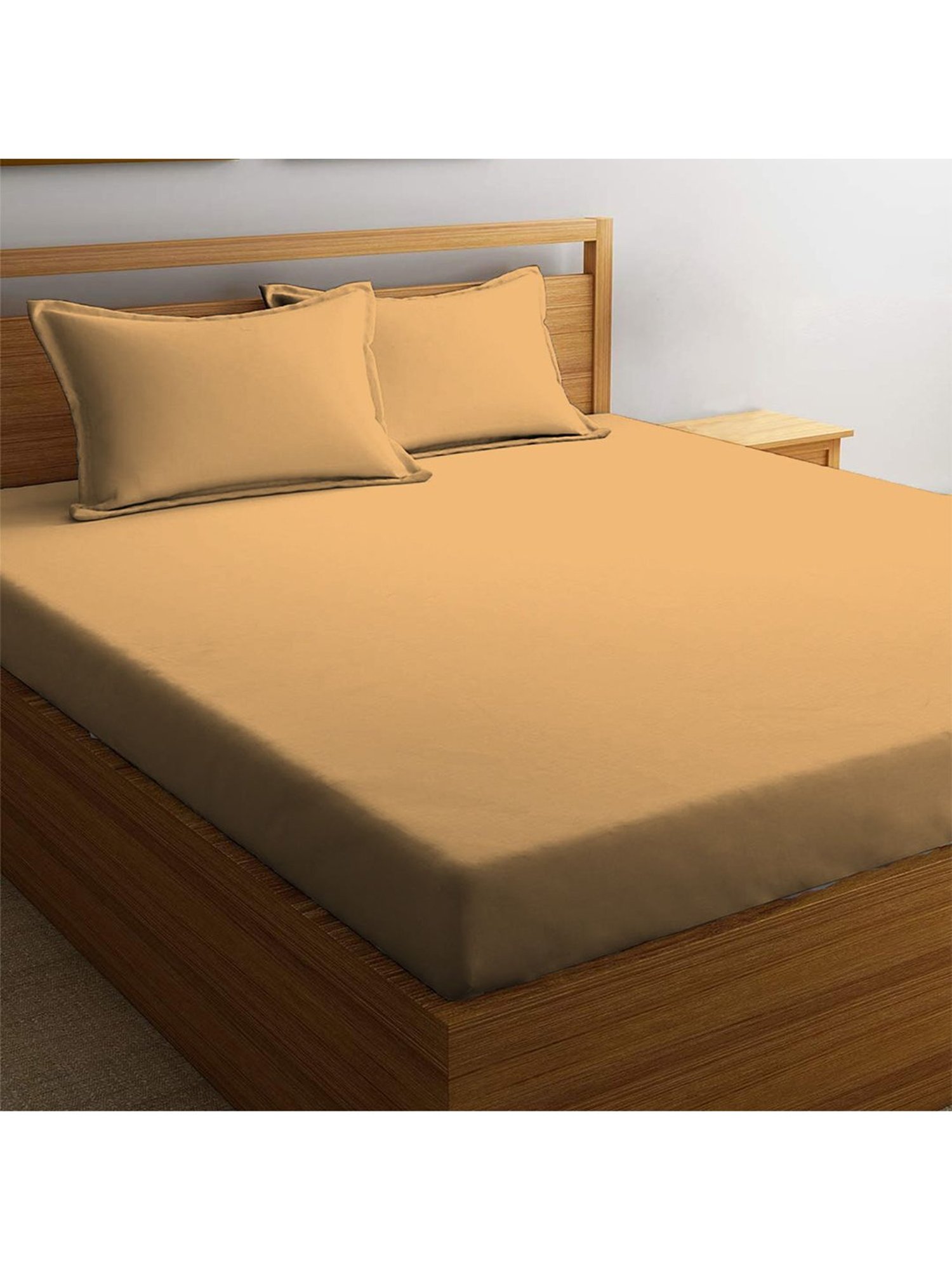 Pizuna Mustard Yellow 400TC Cotton Fitted Bed Sheet with 2 Pillow Covers