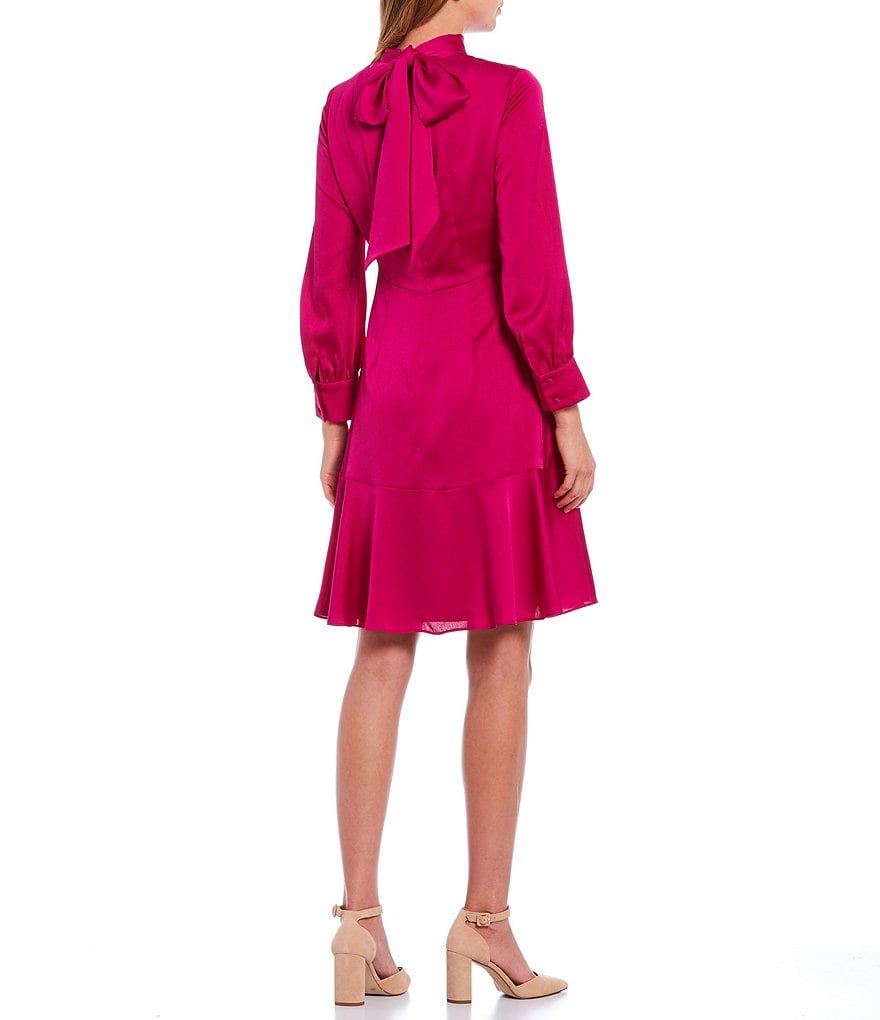 Eliza J Mock Neck Long Sleeve Hammered Satin Flounce Hem Dress