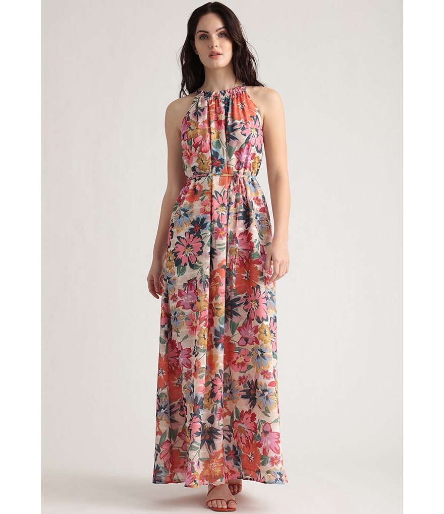 Maggy London Floral Halter Trapeze Maxi Dress