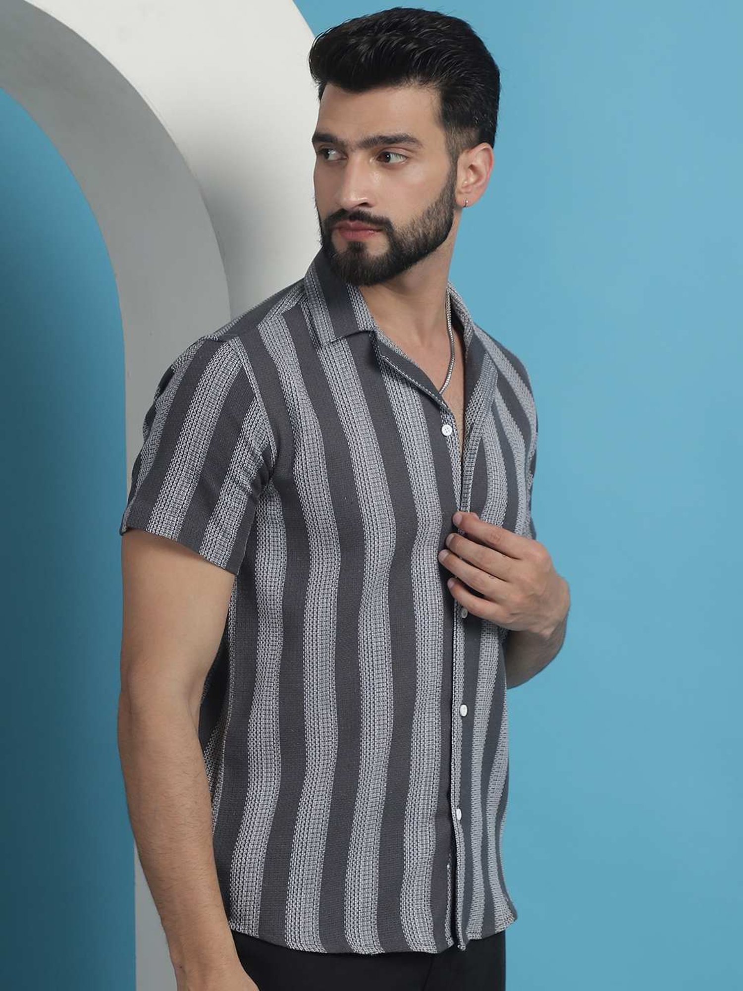Indian Needle Grey Cotton Regular Fit Striped Shirt