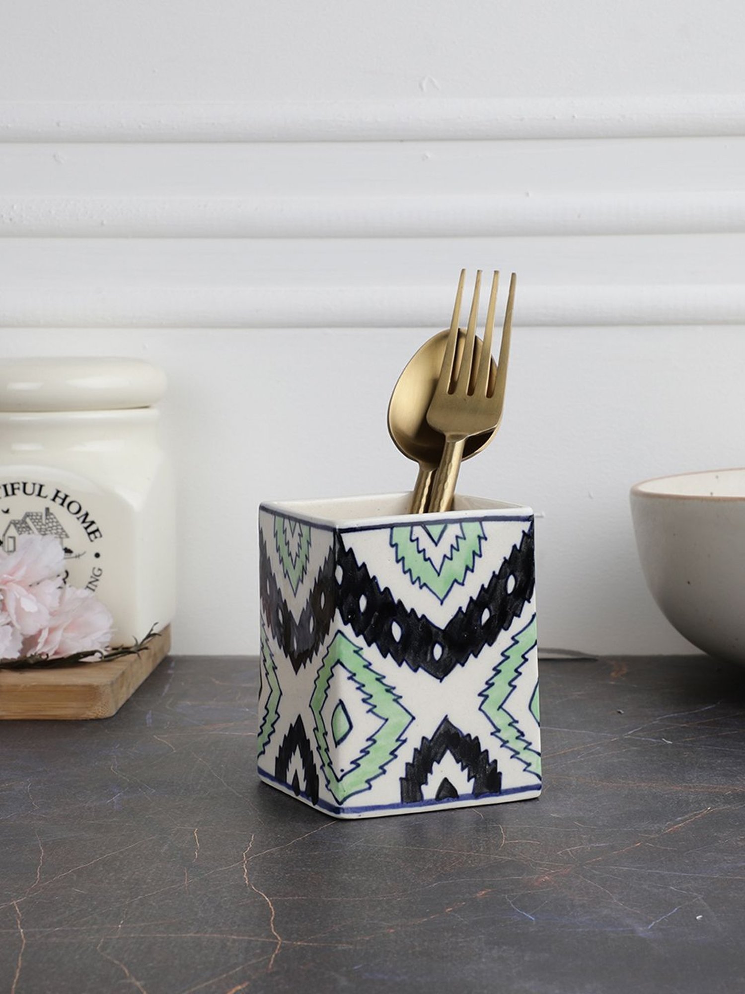 VarEesha Green Ceramic Square Cutlery Holder - Set of 1