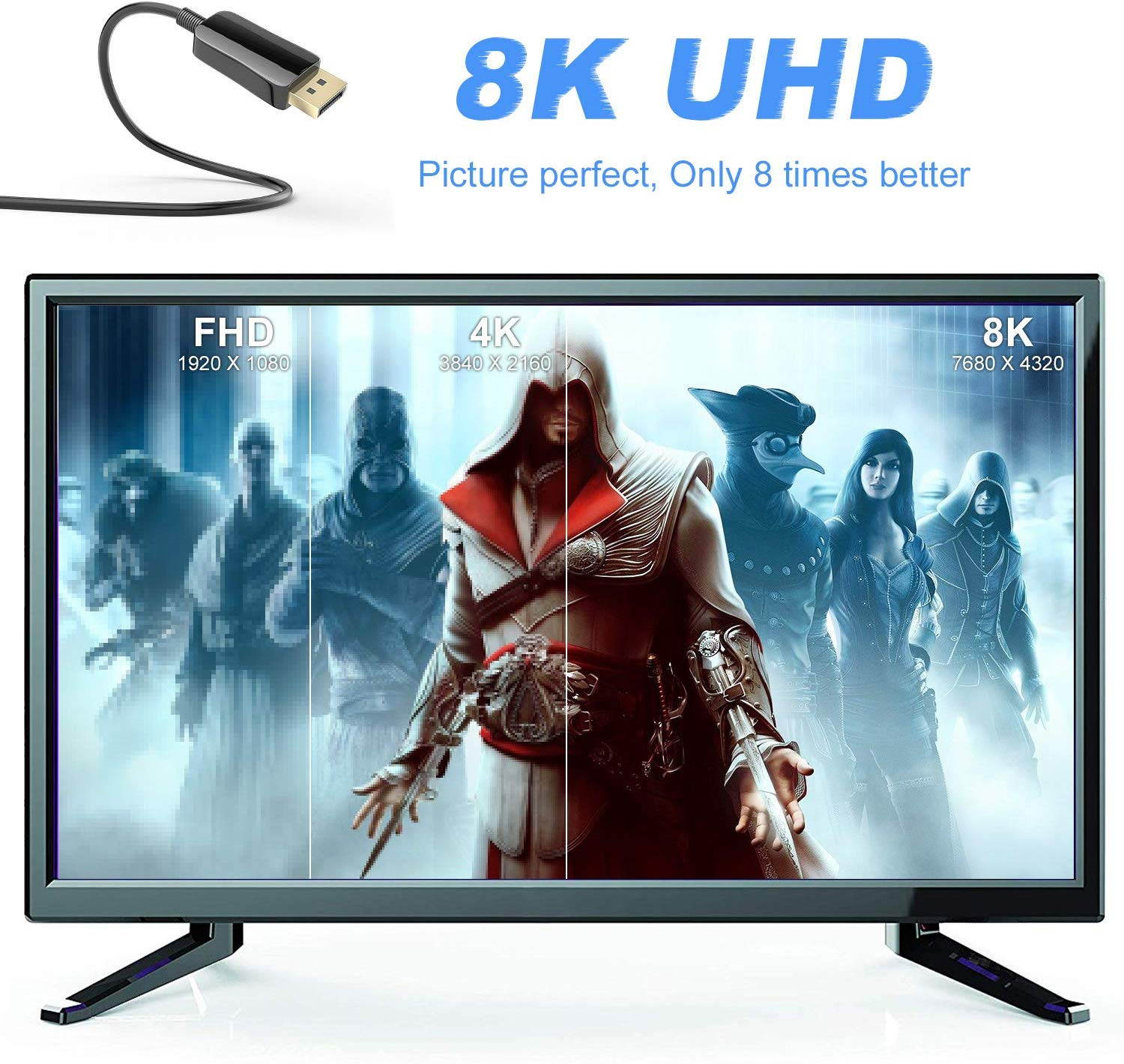 Fiber 8K 4K DisplayPort Cable DP 1.4 HBR3 8K@60Hz 4K@144Hz High Speed 32.4Gbps Optical Fiber Slim and Flexible DP to DP Cable 15m 49.2ft