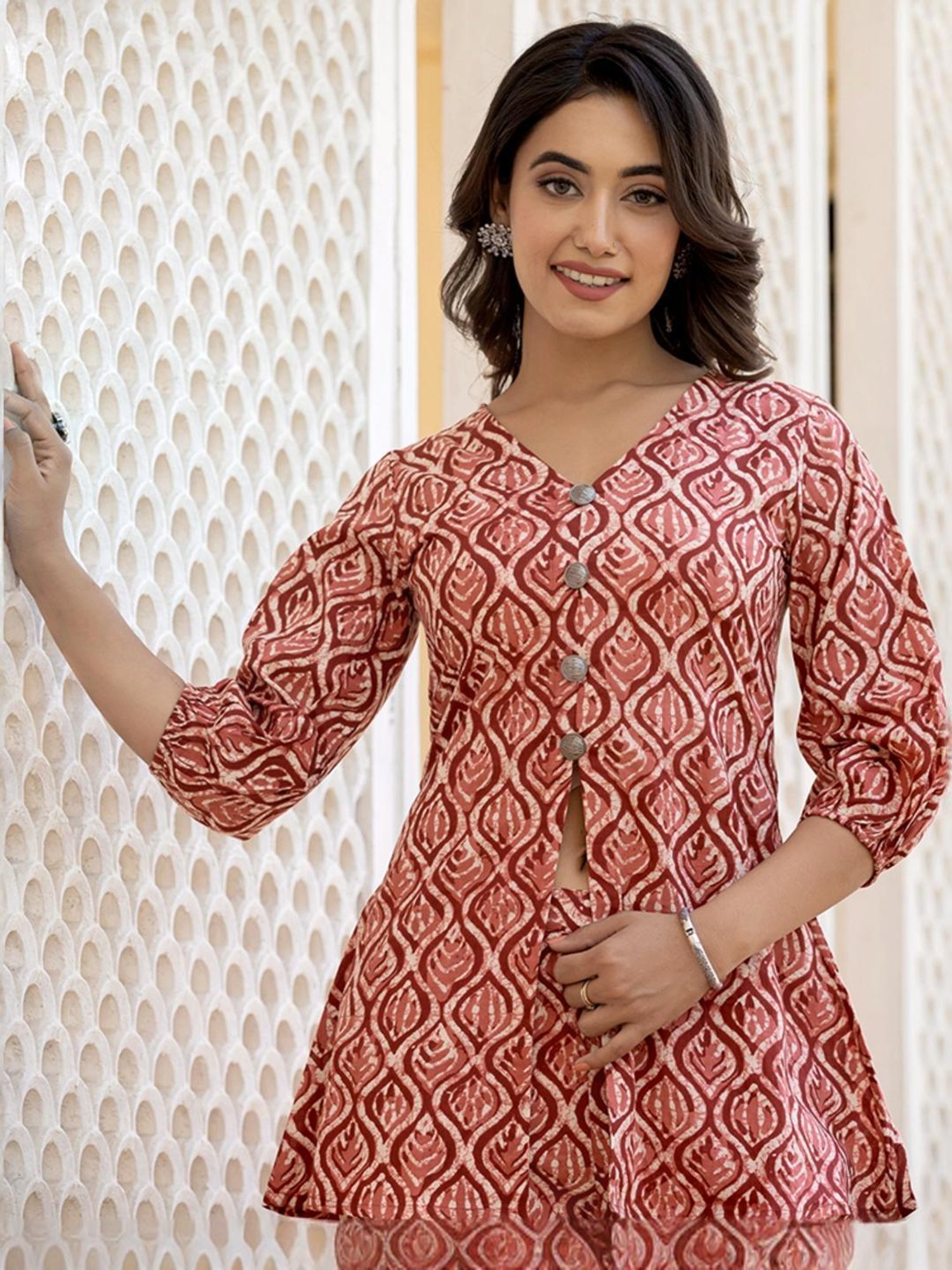 Yufta Maroon Cotton Printed Tunic Pant Set