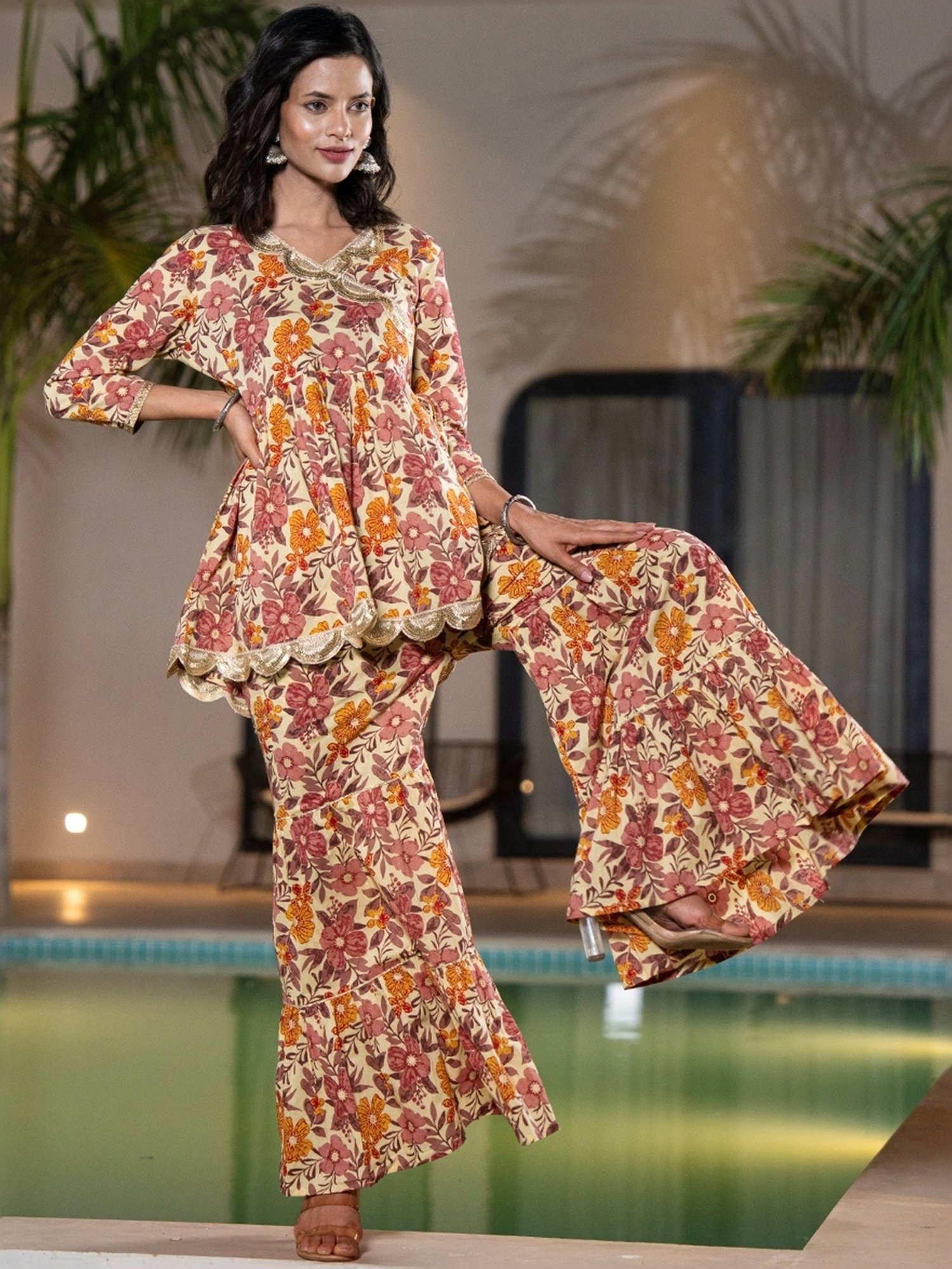 Yufta Beige & Pink Cotton Printed Top Sharara Set