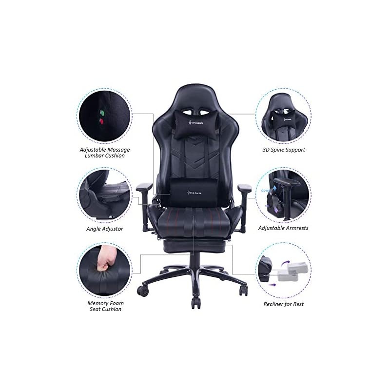 Massage Gaming Chair, High Back Racing PC Computer Desk Office Chair Swivel Ergonomic Executive Leather Chair with Footrest and Adjustable Armrests, Black