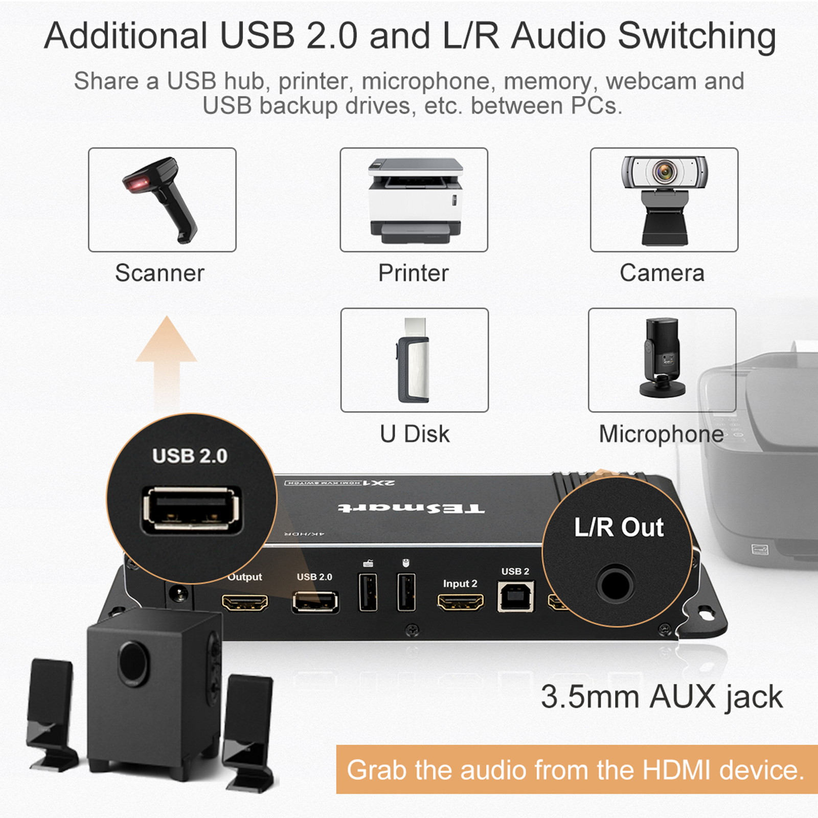 TESmart HDMI KVM Switch 2 Port 4K@60Hz Ultra HD 2x1 HDMI KVM Switcher with 2 Pcs 5ft KVM Cables Supports USB 2.0 Devices, Mechanical and Multimedia Keyboard and Mouse Pass Through Control up to 2 PCs
