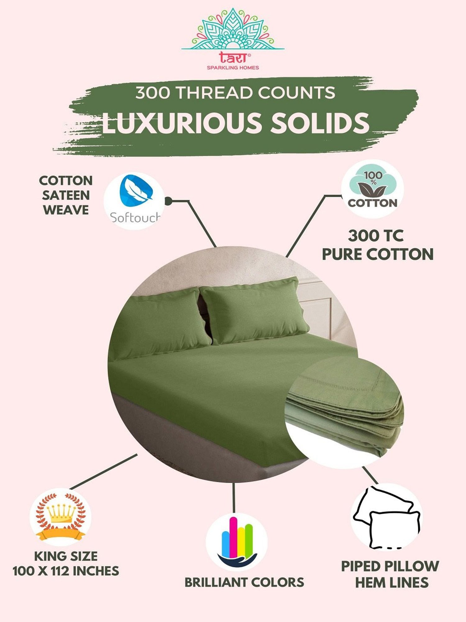 TARA Sparkling Homes Green 300 TC Cotton King Bedsheet With 2 Pillow Covers