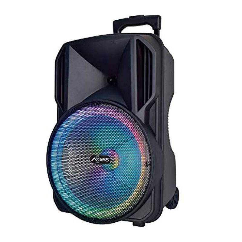 portable bluetooth party speaker, with round led lights, 12" woofer, 1.5" tweeter, trolley & wheels, usb sd card aux fm inputs,