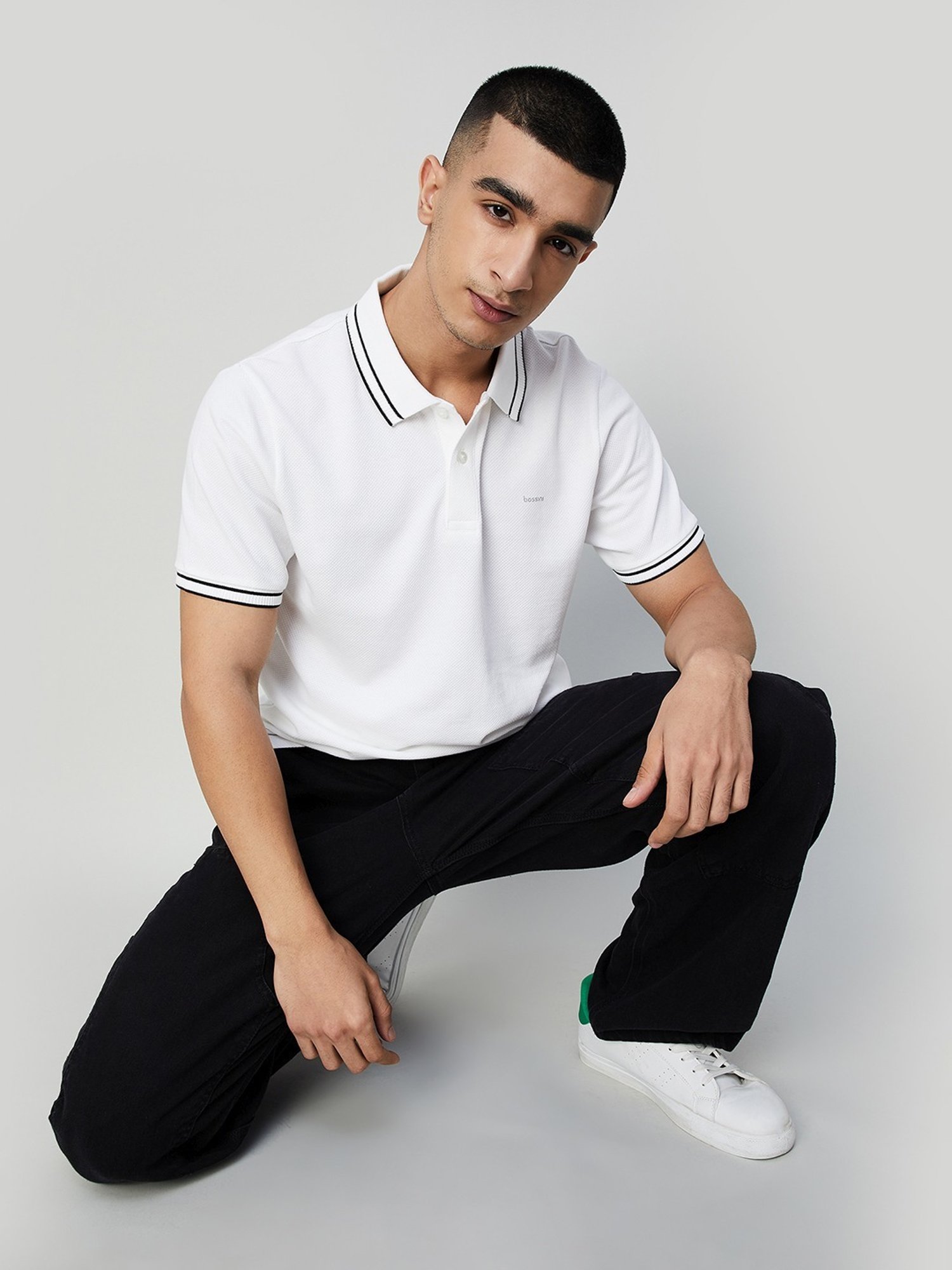 Bossini White Cotton Regular Fit Polo T-Shirt
