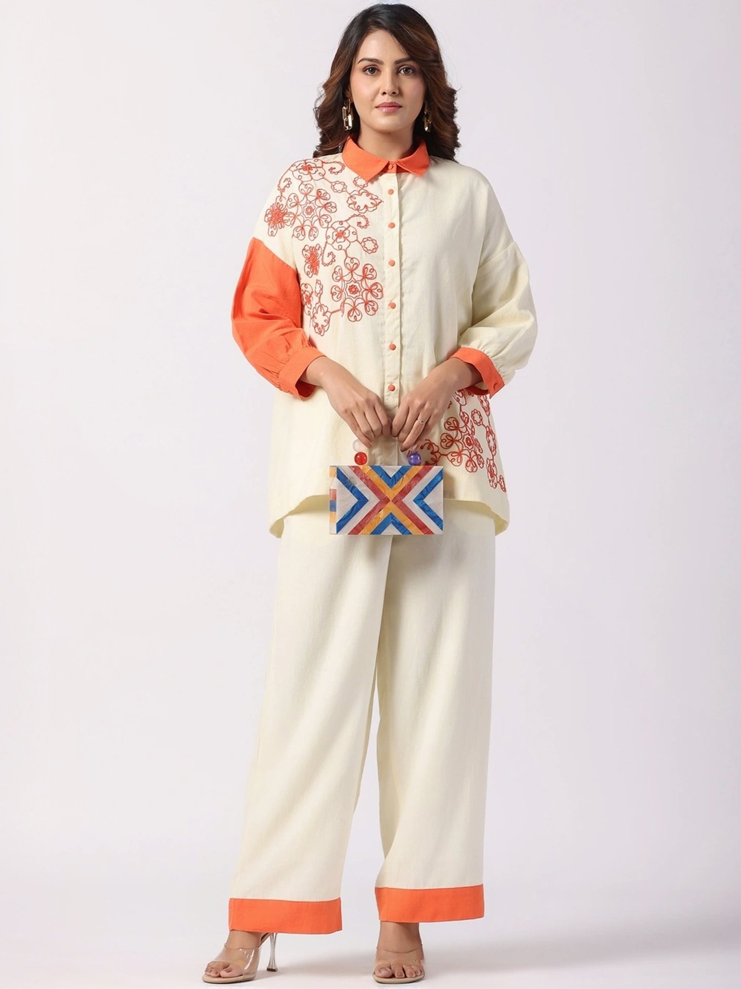Zolo Label Beige Embroidered Shirt Palazzo Set