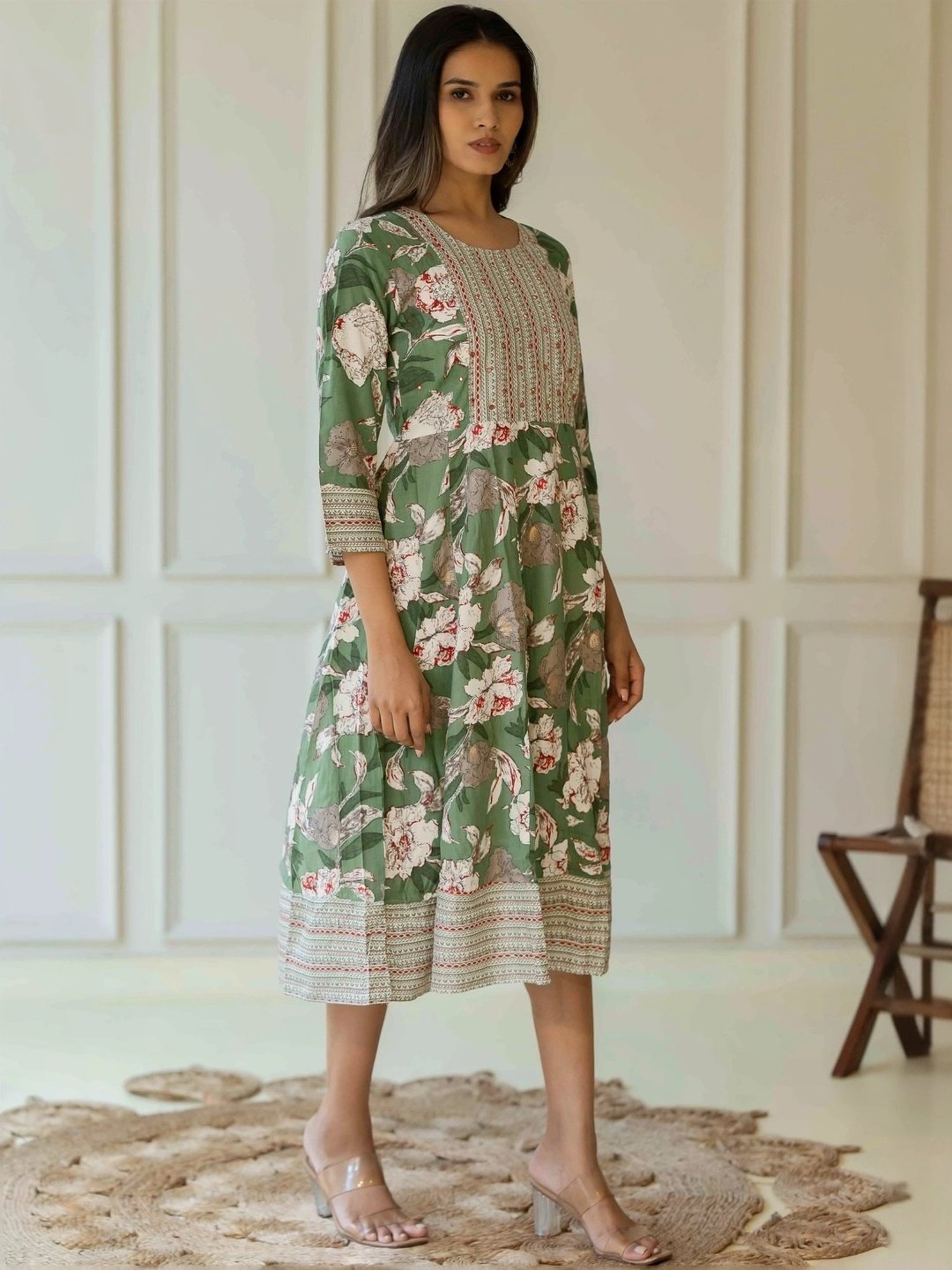 MIRCHI FASHION Green Cotton Printed A-Line Dress