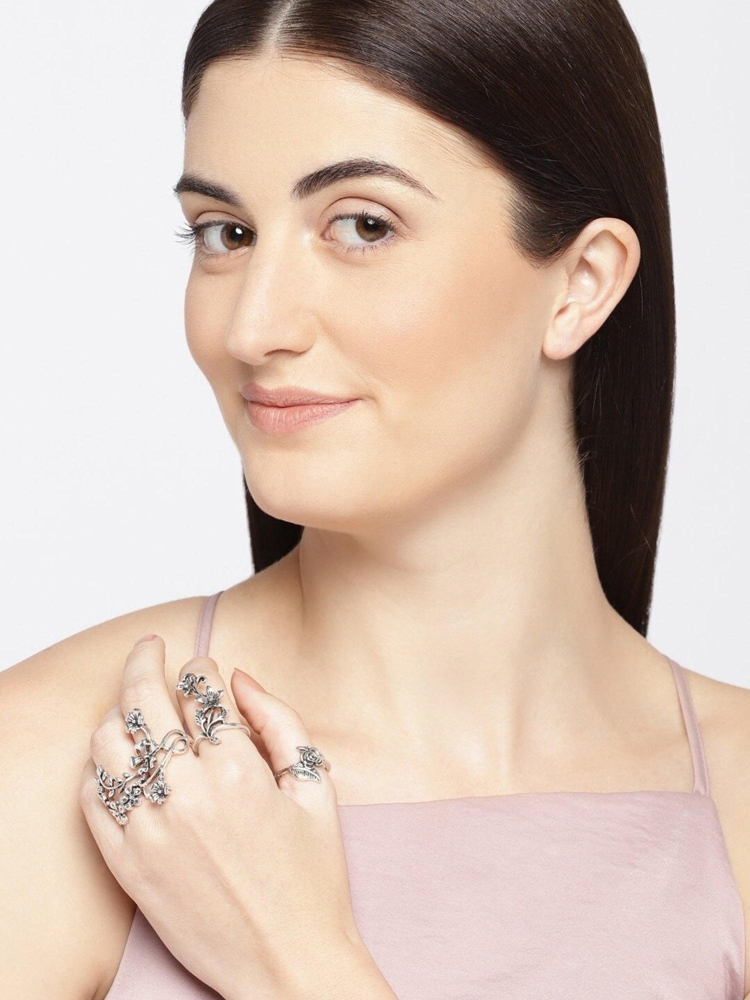 Oomph Vintage Floral Oxidized Silver Tone Metal Crystal Casual Ring - Set of 4