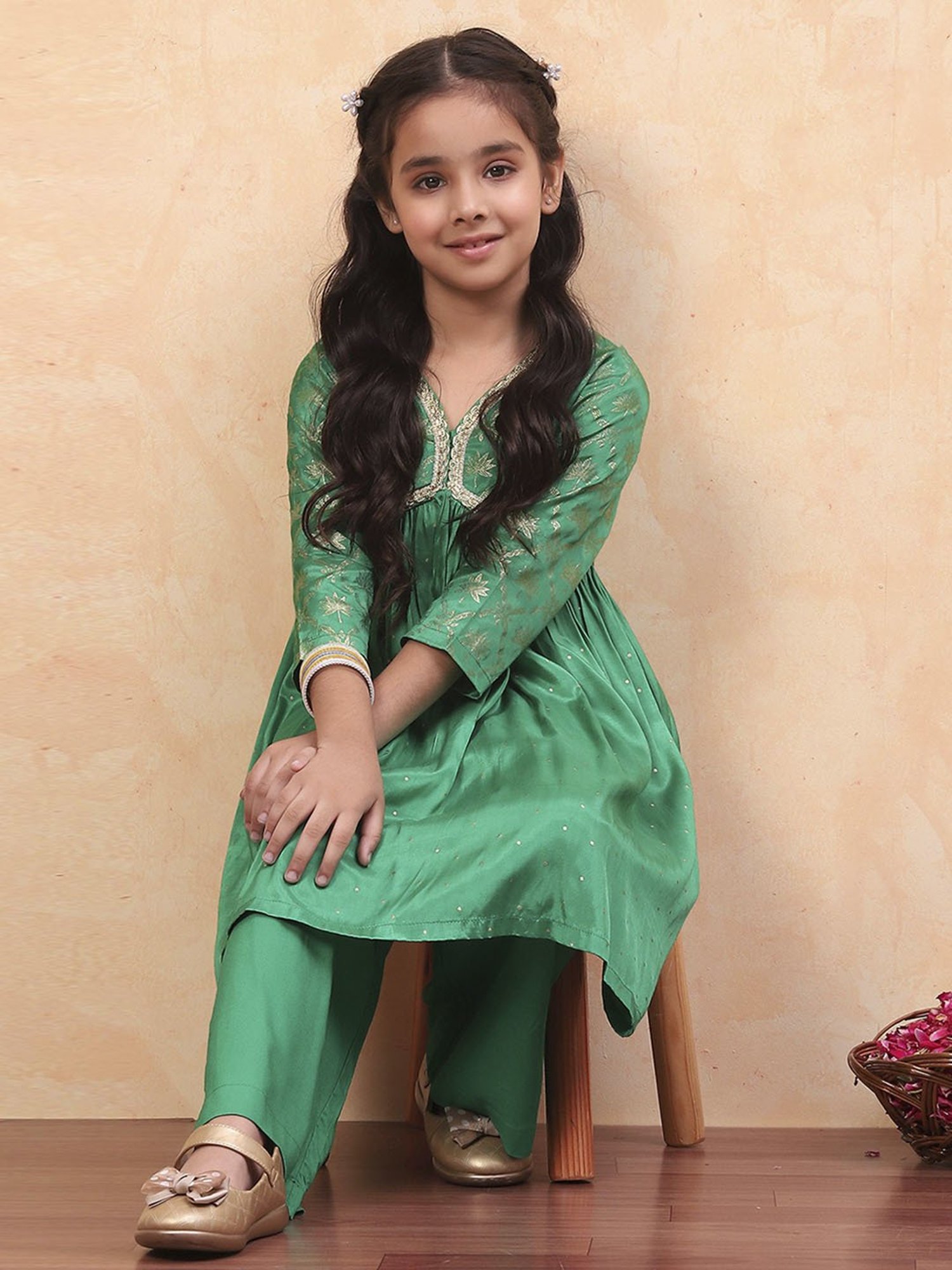 Biba Girls Green Floral Print Suit Sets