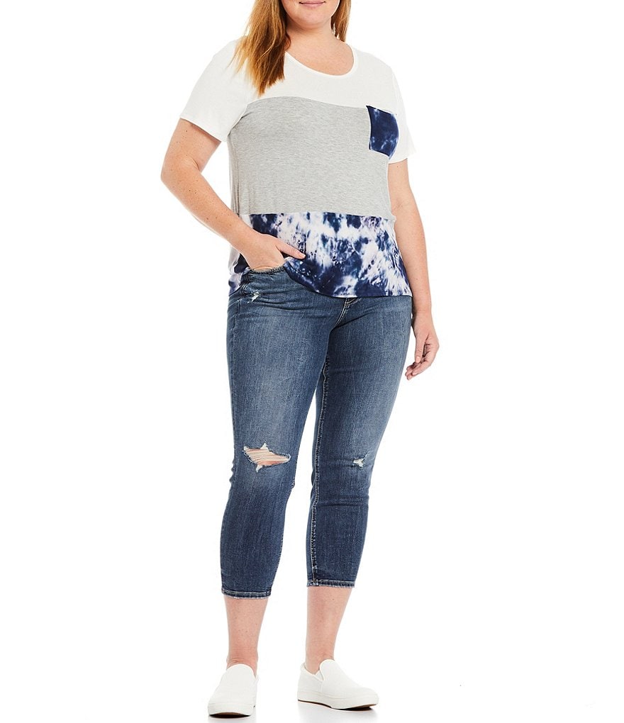 Moa Moa Plus Size Solid Tie Dye Colorblock Scoop Neck Short Sleeve Contrast Pocket Top
