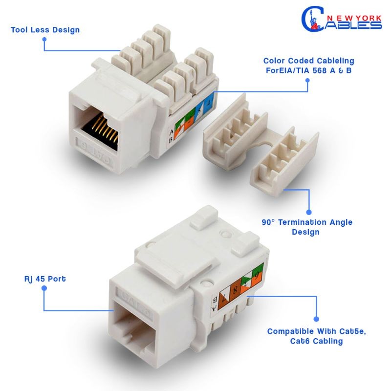 Cat6 110 Style Punch Down Keystone Jack, White, CAT 6, Rj45 90 Degree 50-Pack