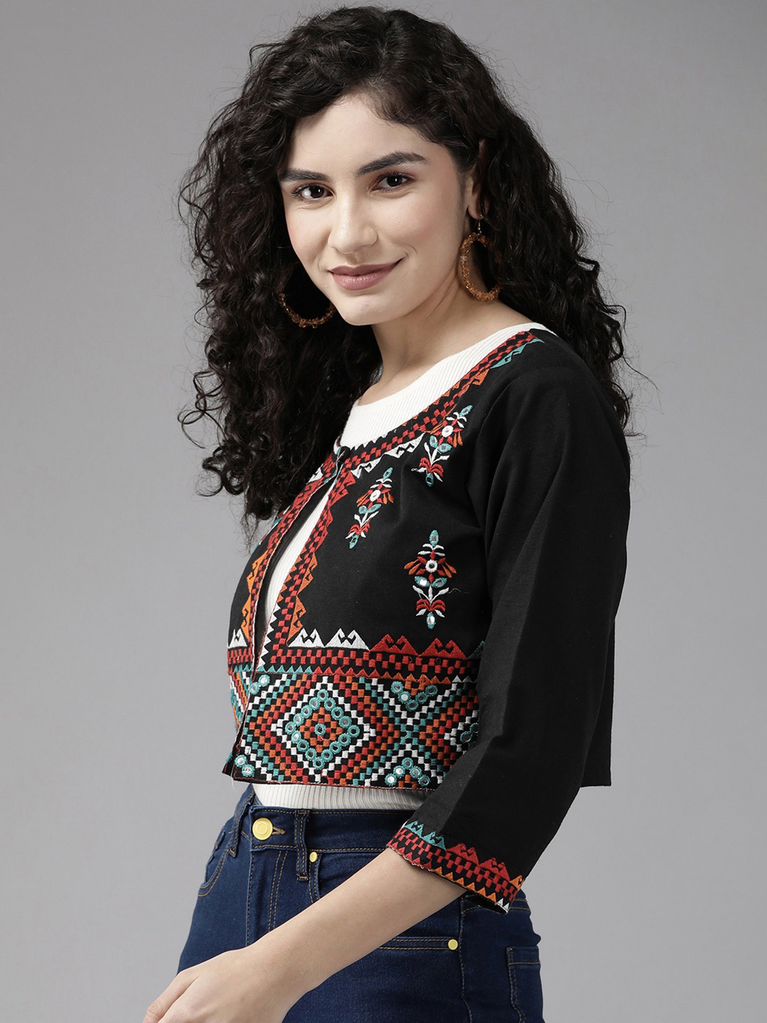 Aarika Black Cotton Embroidered Ethnic Jacket