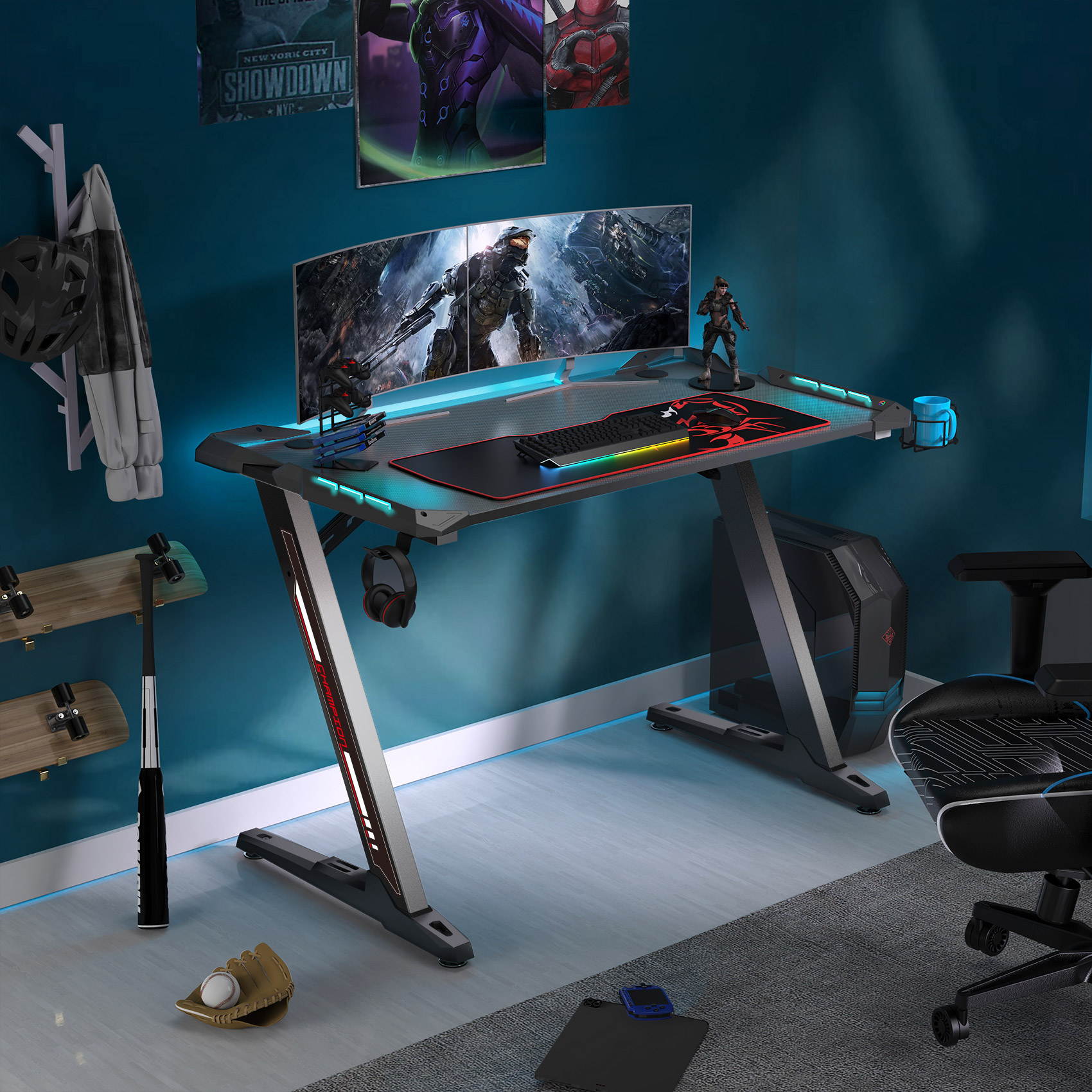 Eureka Ergonomic Z1-S Gaming Desk, Z Shaped Computer Desk with RGB LED Lights, Free Mousepad, Controller Stand, Cup Holder & Headphone Hook - Black 43.3"