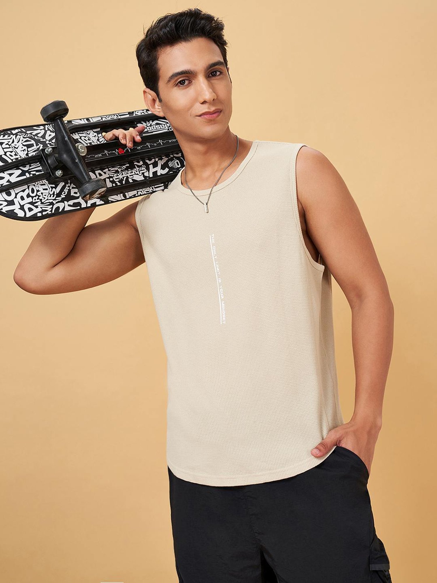 Street 808 By Pantaloons Antique White Cotton Regular Fit Gym Vest