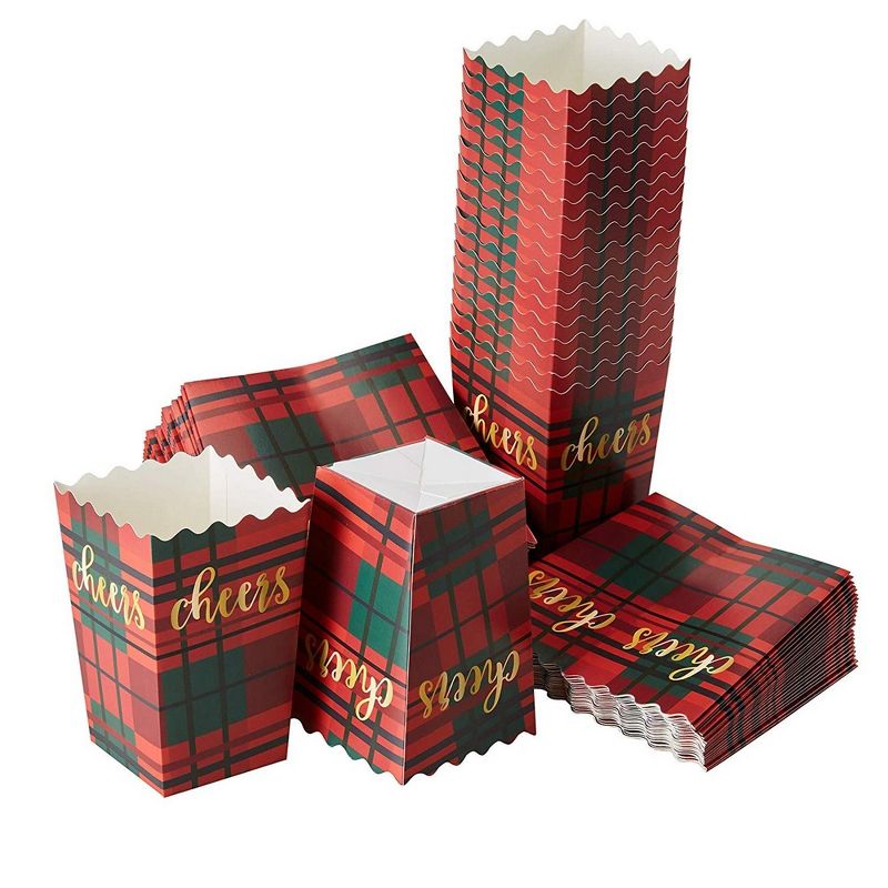 Juvale 100 Pack Cheers Plaid Popcorn Treat Boxes for Holiday Parties and Movies (3.3 x 5.5 in)