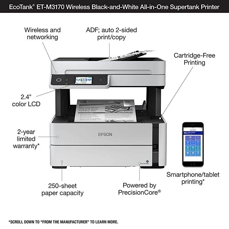 EcoTank ETM3170 Wireless Monochrome AllinOne Supertank Printer with ADF Fax and Ethernet PLUS 2 Years of Unlimited Ink