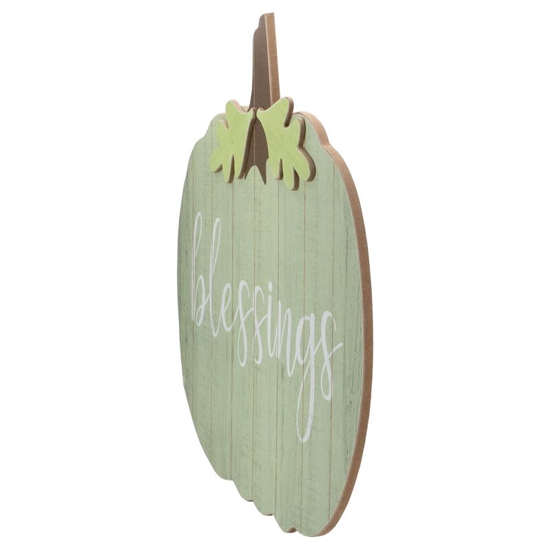 Northlight 20" Green and Brown Blessings Pumpkin Wooden Thanksgiving Hanging Wall Sign
