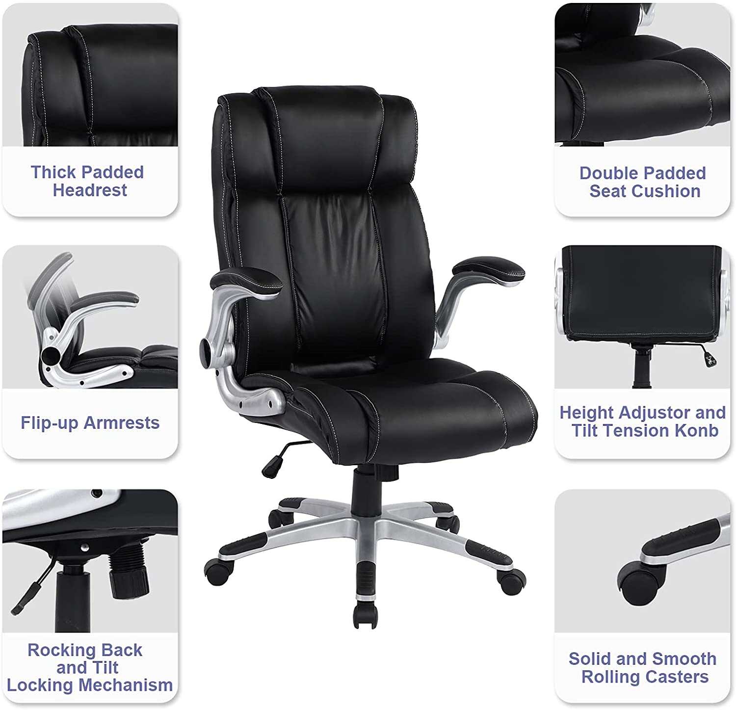 Executive Office Chair Ergonomic Leather Desk Chair with Flip-up Arms Double Padded Seat Cushion and Adjustable Tilt Angle Lumbar Support Office Chair for Home Office Work(9139 Black)