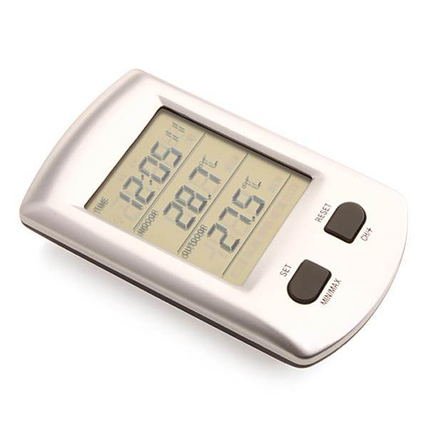 KG200 Wireless 2.7 Inch LCD Indoor and Outdoor Thermometer with Clock Silver