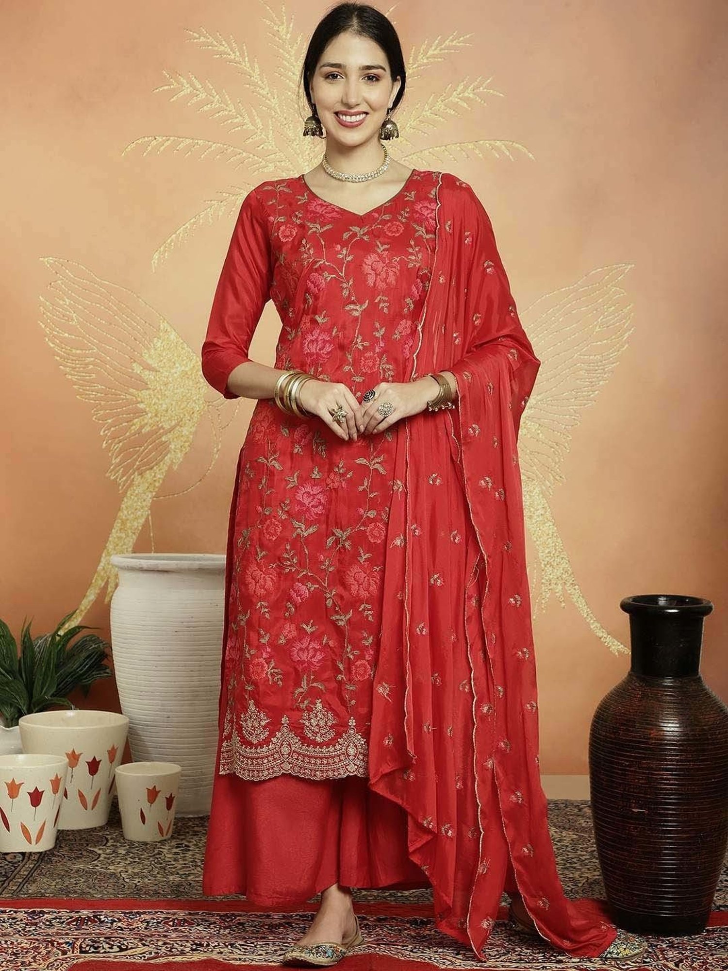 Stylee LIFESTYLE Red Embroidered Unstitched Dress Material
