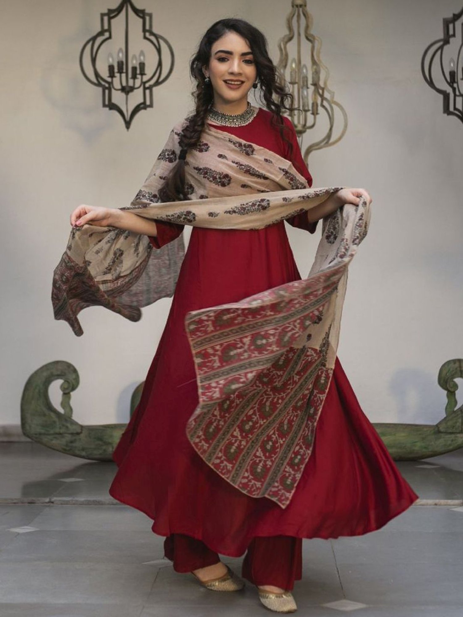 Rustorange Maroon Flared Kurta & Palazzo Set with Dupatta