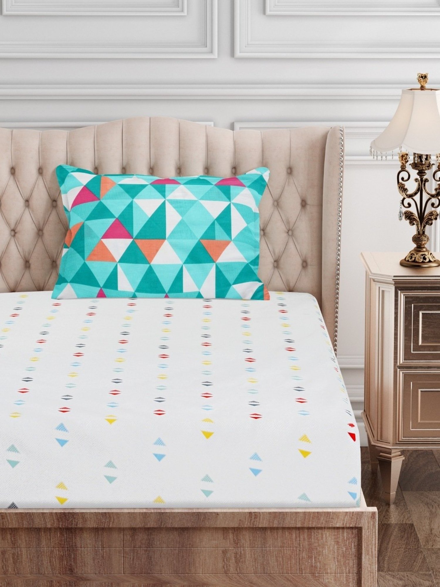 SEJ by Nisha Gupta Geometric Grey 160 TC Cotton Single Bed Sheet with 1 Pillow Cover