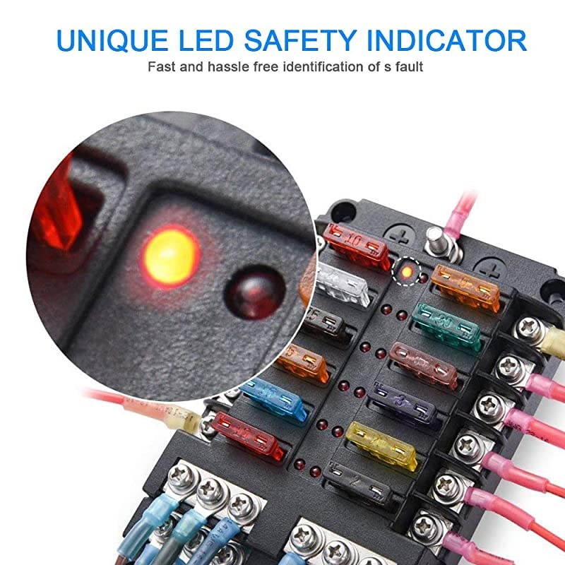 Fuse Box Blade Fuse Block Holder Screw Nut Terminal WNegative Bus 5A 10A 15A 20A Free Fuses LED Indicator Waterpoof Cover for Automotive Car Marine Boat