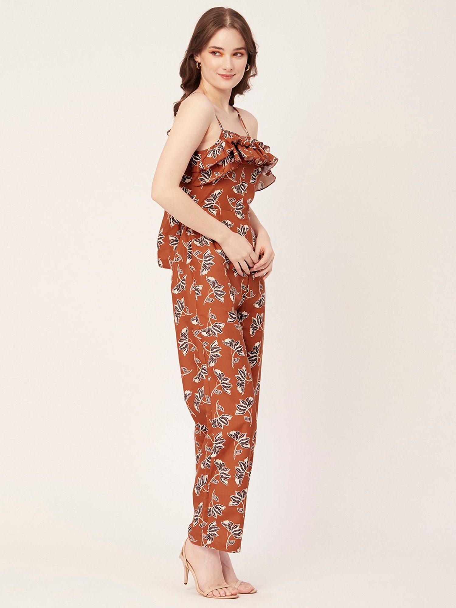 Moomaya Rust Floral Print Jumpsuit
