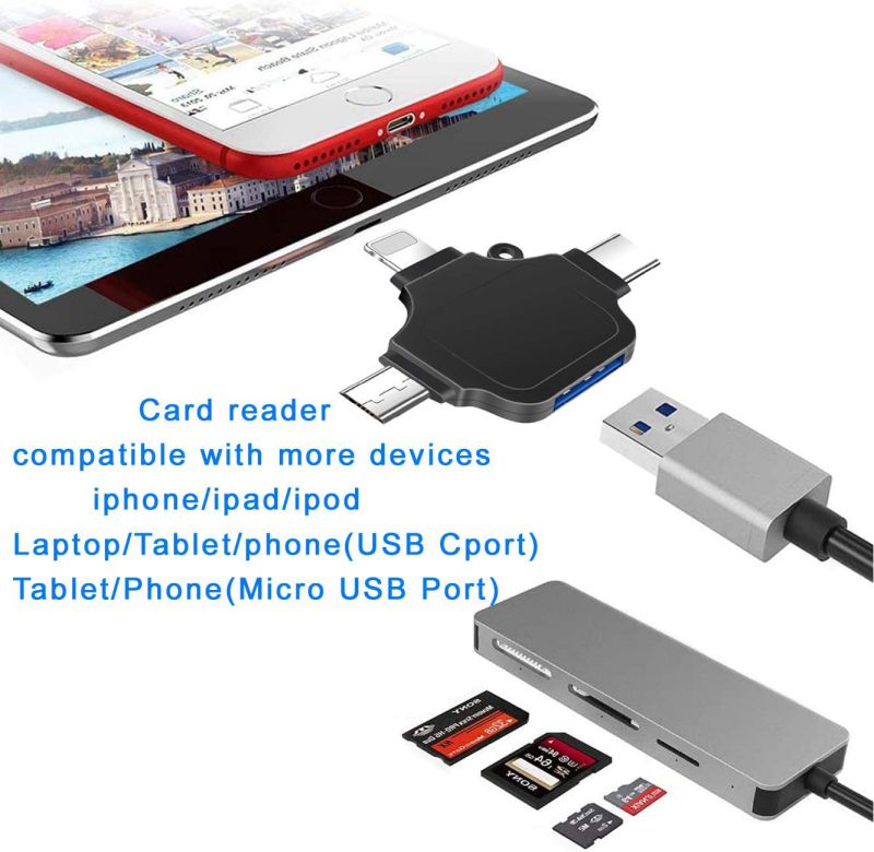 OTG Adapter, Compatible with Android/iPhone/iPad, Lightning/USB Type-C/Micro-USB to USB Camera Adapter for SD TF Card Reader, Keyboard, Mouse, U Disk, USB Flash Drive Silver