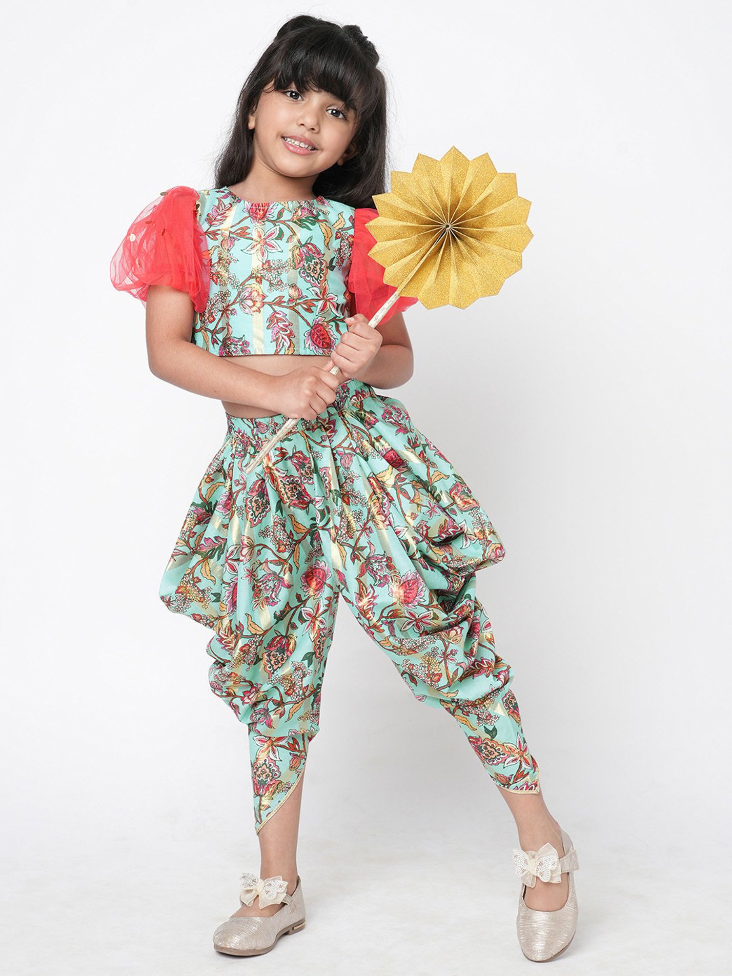 Lil Drama Kids Mint Green Floral Print Crop Top With Dhoti