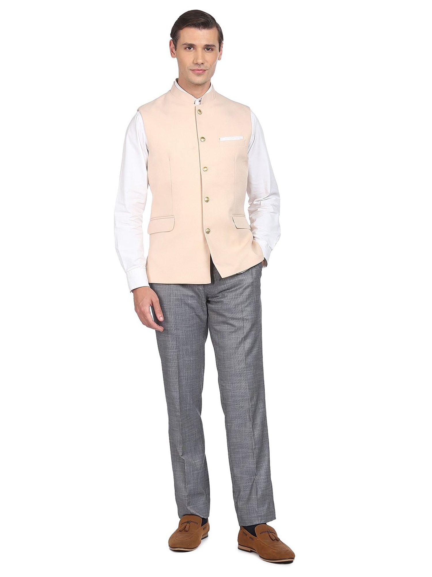 AD by Arvind Light Peach Mandarin Collar Nehru Jacket