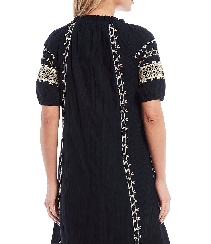 Reba Embroidered V-Neck Flounce Hem Puff Elbow Sleeve Cotton Crinkle Dress