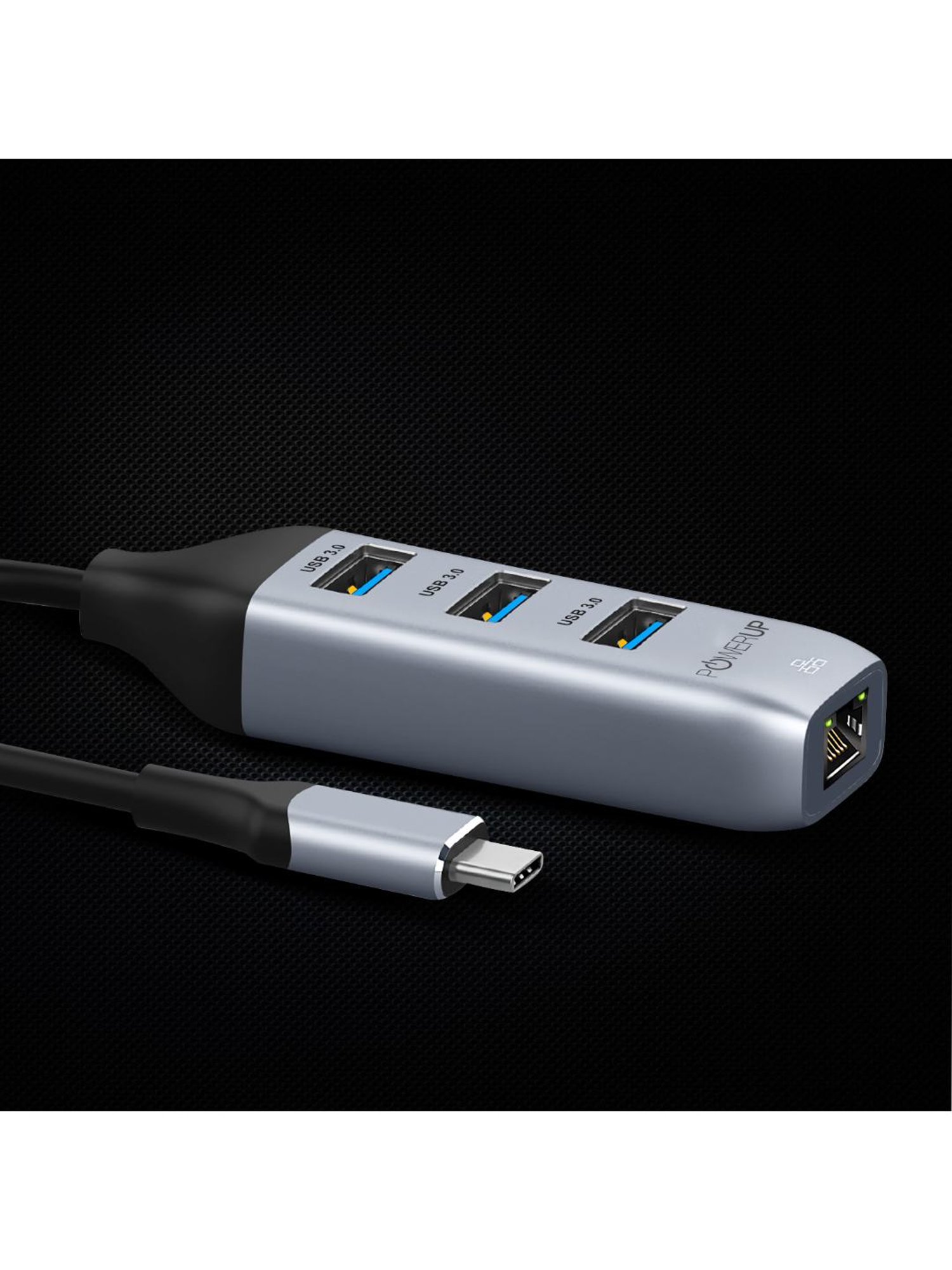 Powerup Mini Splitter USB C HUB 4 in 1 (3 USB C to Ethernet Adapter) (Gunmetal)