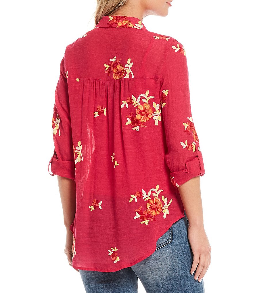 Figueroa & Flower Margo Floral Embroidery Roll-Tab Sleeve Button Down Tie-Front Shirt