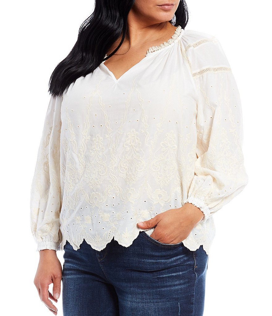 Democracy Plus Size Embroidered Crochet Splicing Placement Split Round Neck Blouson Long Sleeve Top