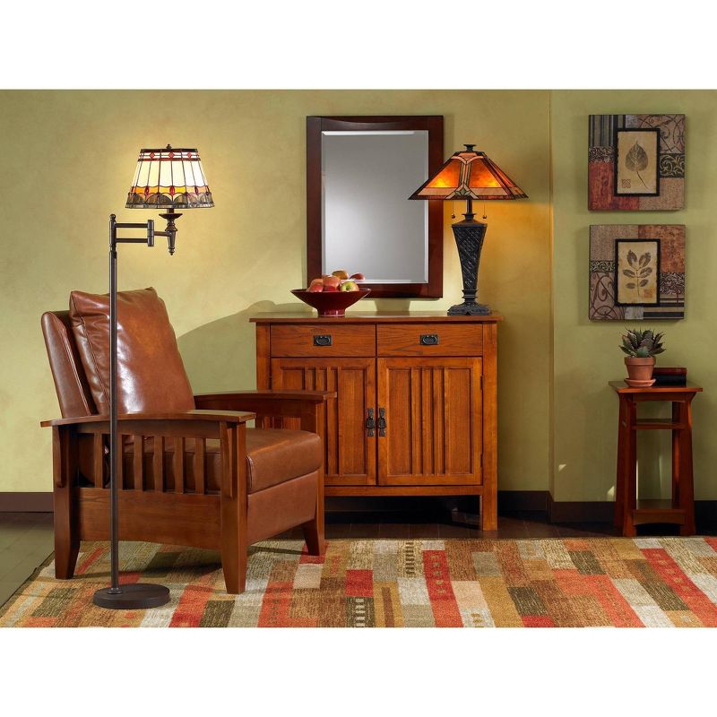 Robert Louis Tiffany Mission Table Lamp Bronze Wicker Pattern Stained Art Glass Shade for Living Room Family Bedroom Bedside