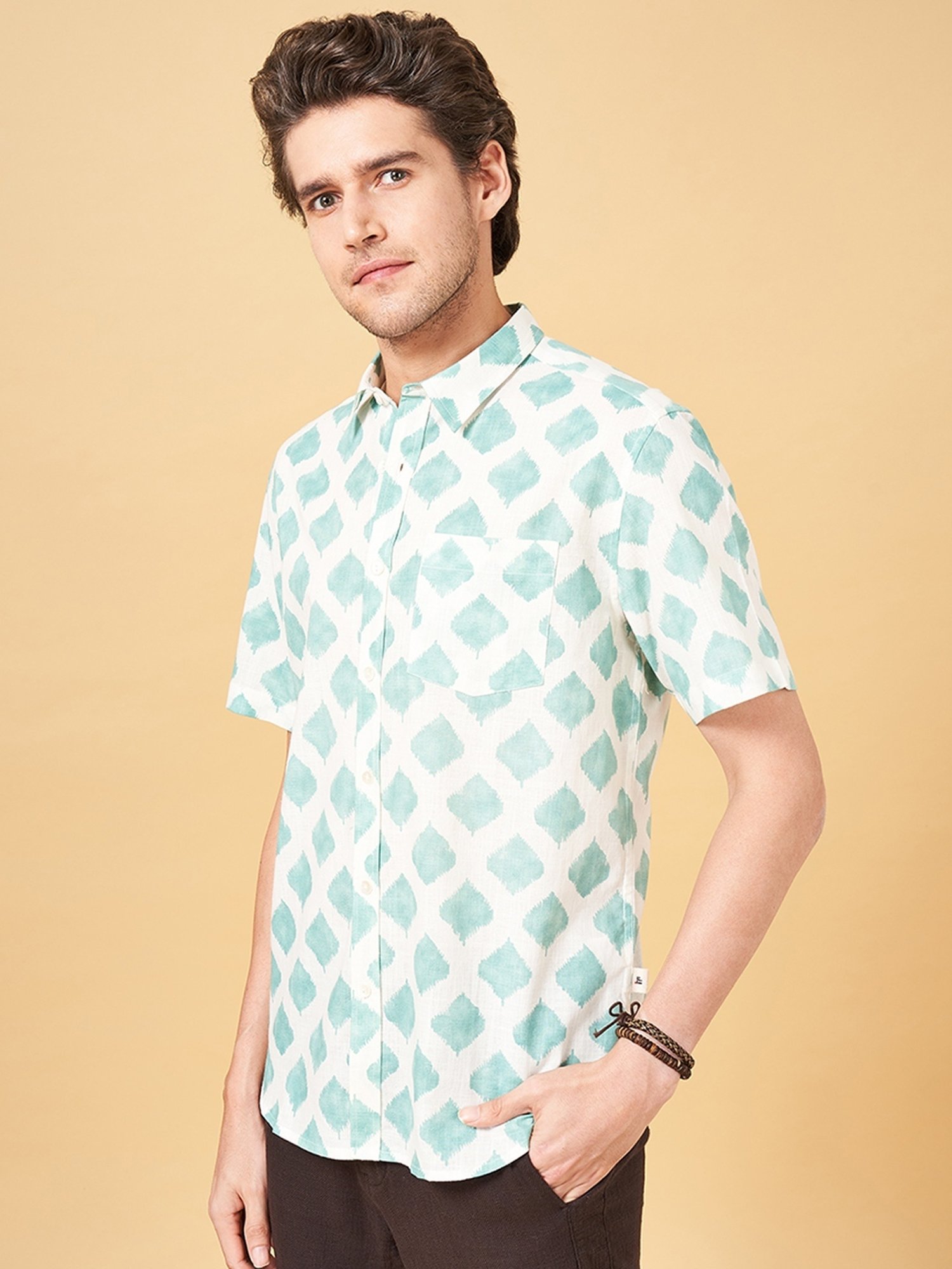 Indus Route by Pantaloons Malachite Green Cotton Regular Fit Printed Shirt