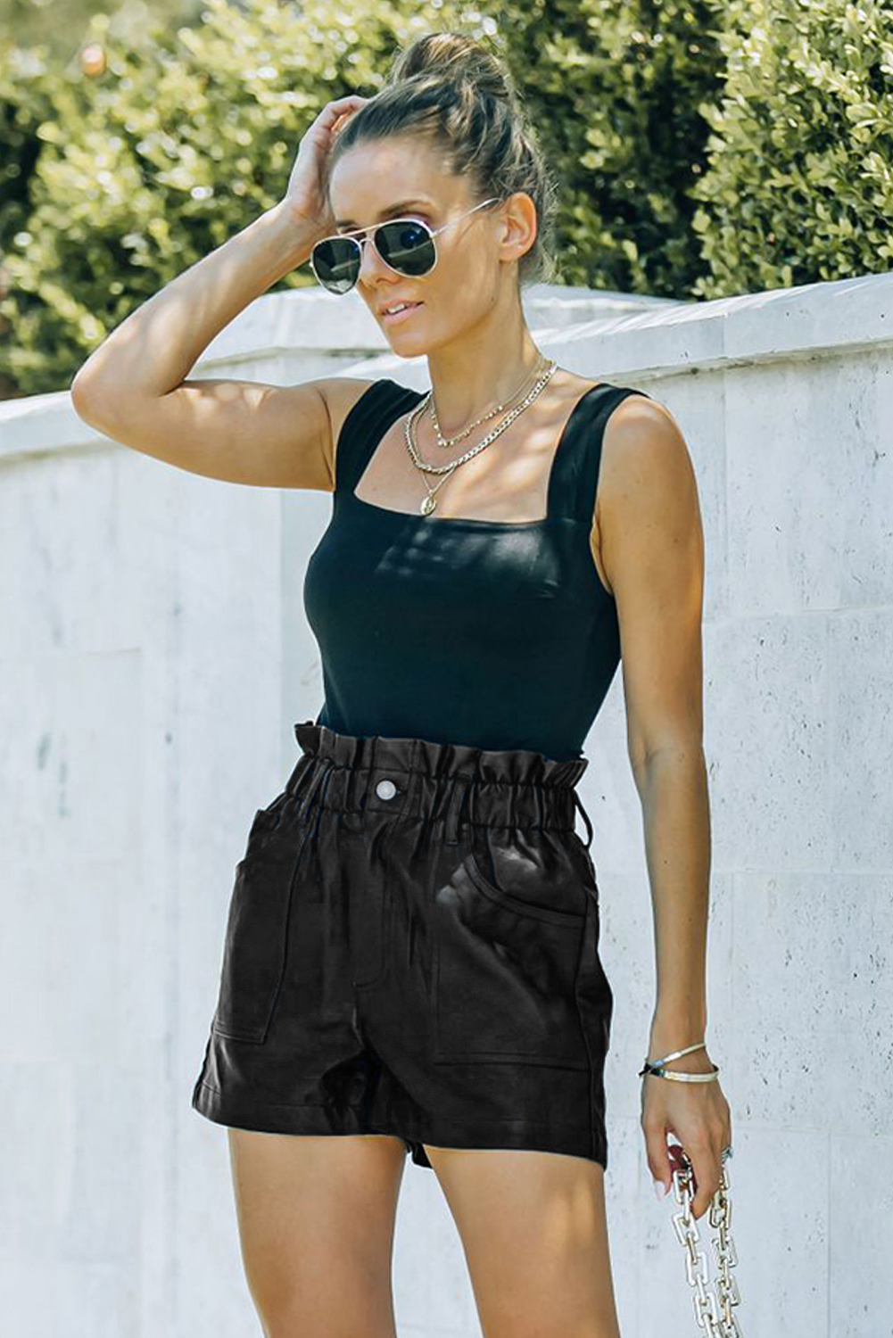 Black Faux Leather Paper Bag Frill Waist Shorts