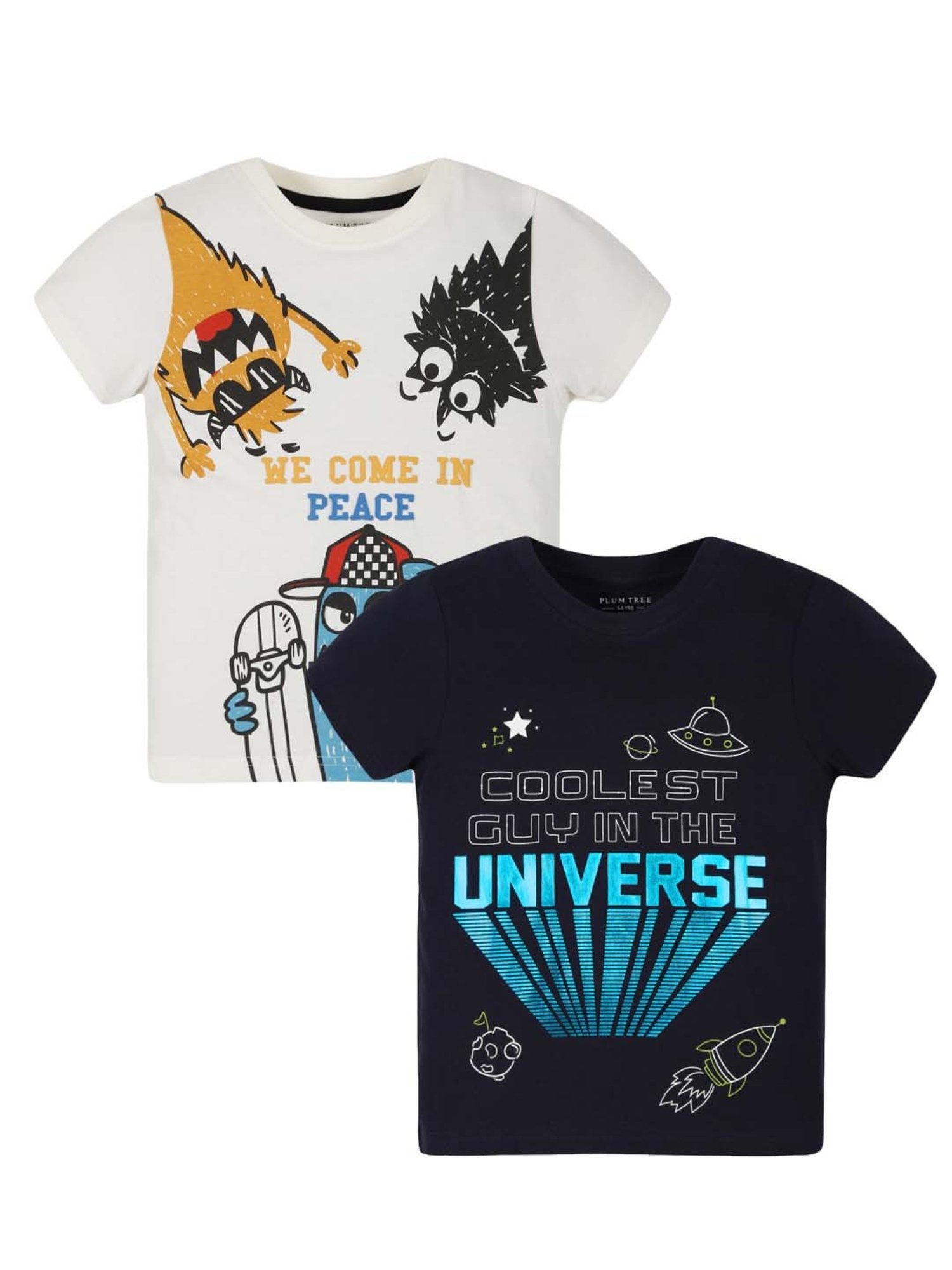 Plum Tree Kids Navy & Off-White Cotton Printed T-Shirt (Pack of 2)