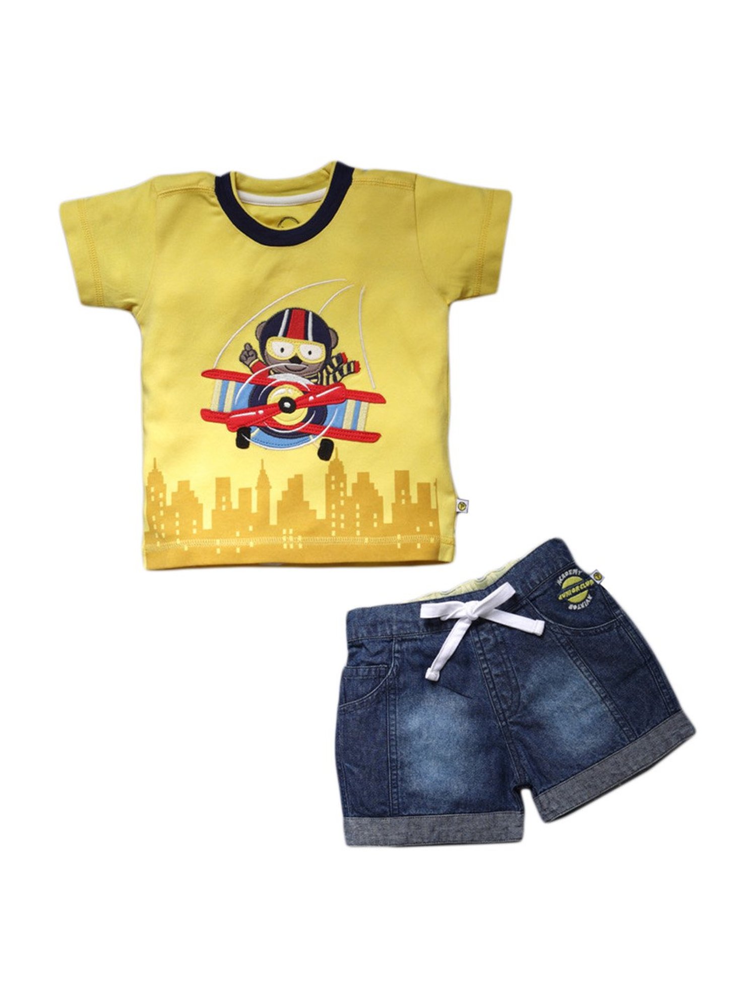 Pranava Kids Yellow & Dark Blue Cotton Patch Work T-Shirt & Shorts