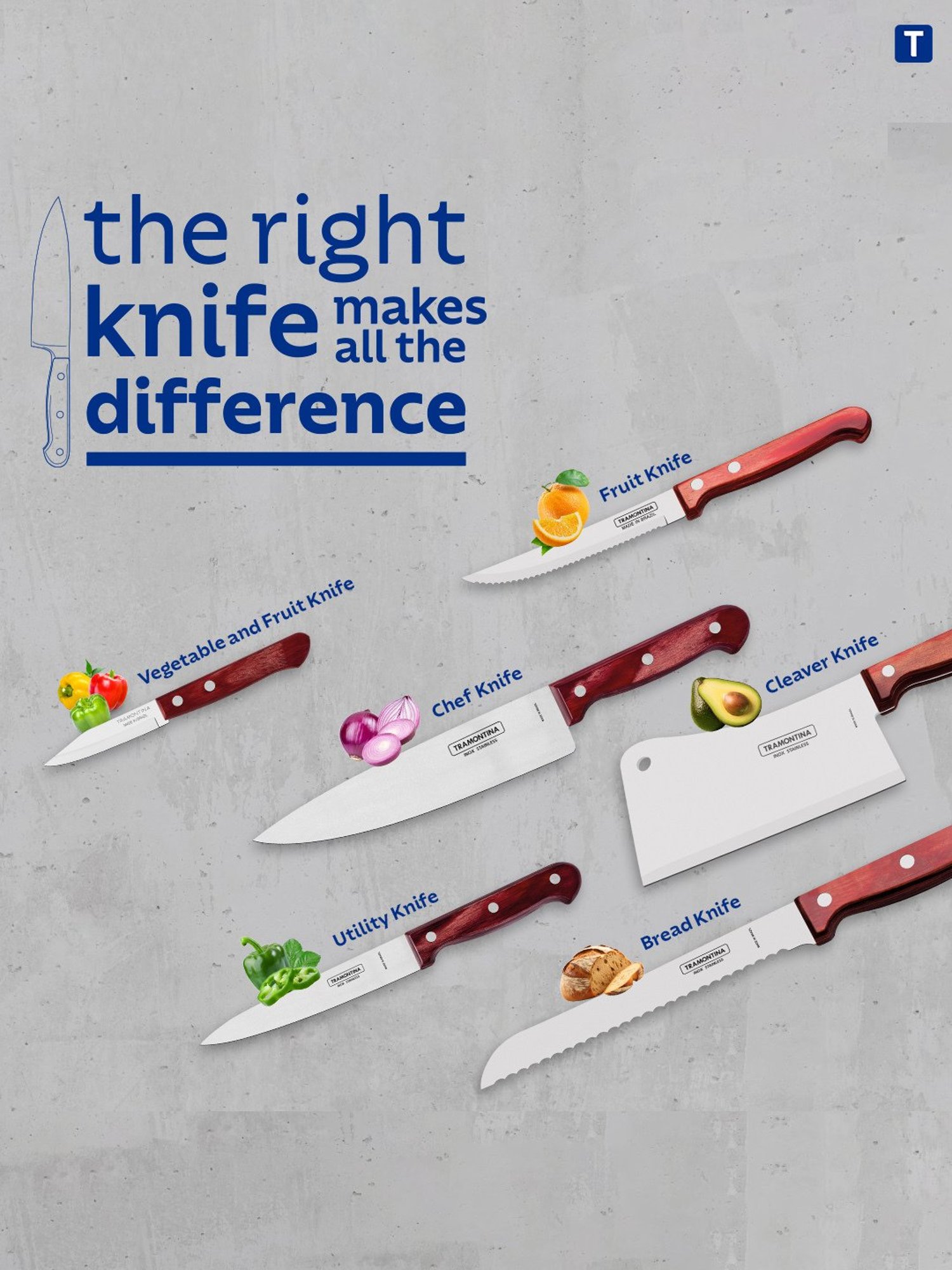 Tramontina Polywood Stainless Steel Cleaver Knife 6" Plain Edge Polywood Handle Kitchen Knife