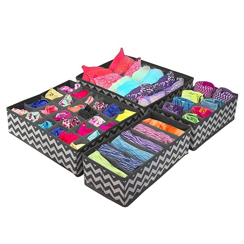 Set of 4 Foldable Drawer Dividers, Storage Boxes, Closet Organizers, Under Bed Organizer (Gray Chevron Pattern)