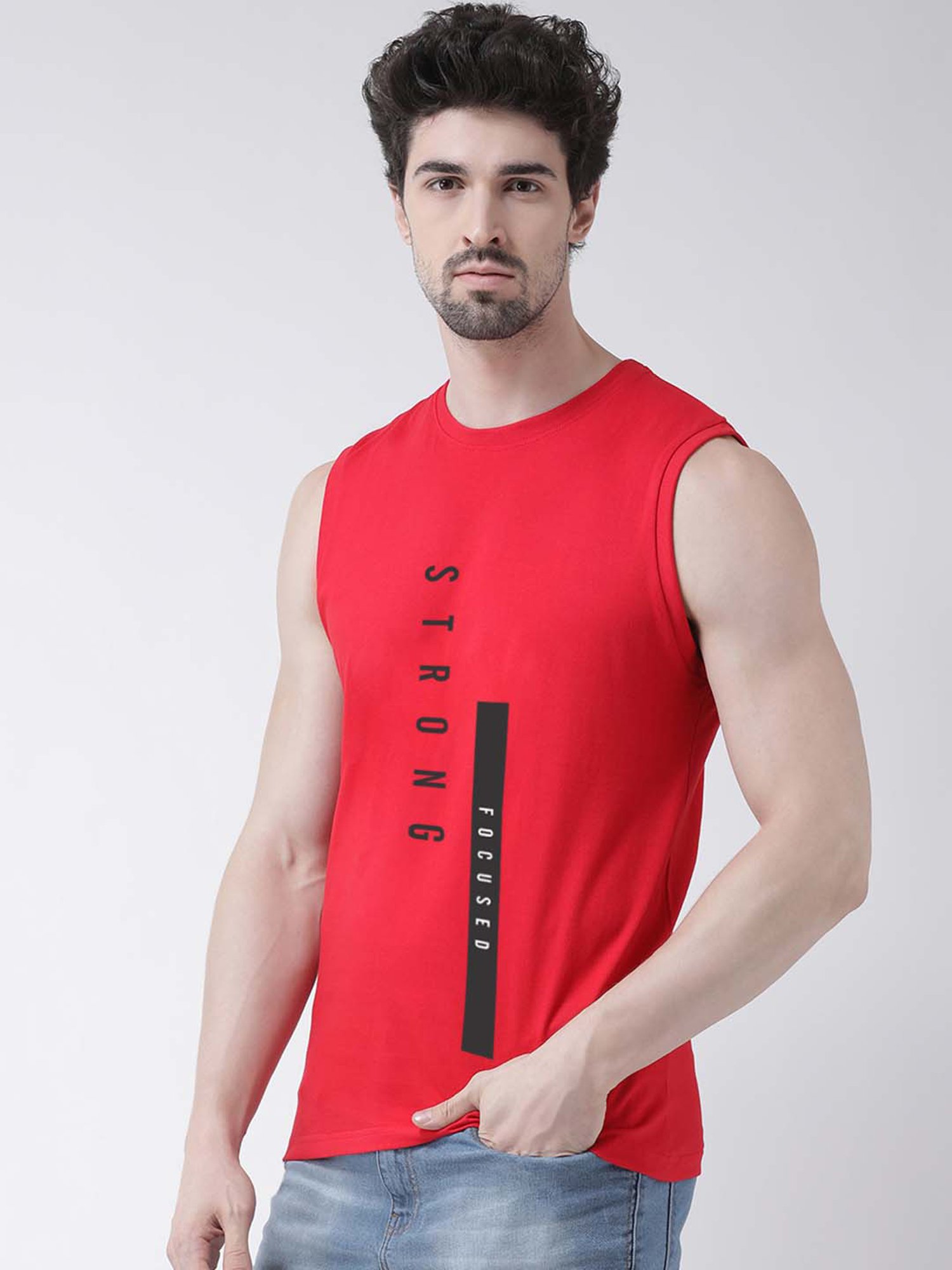 Friskers Red Slim Fit Graphic Print Sleeveless T-Shirt
