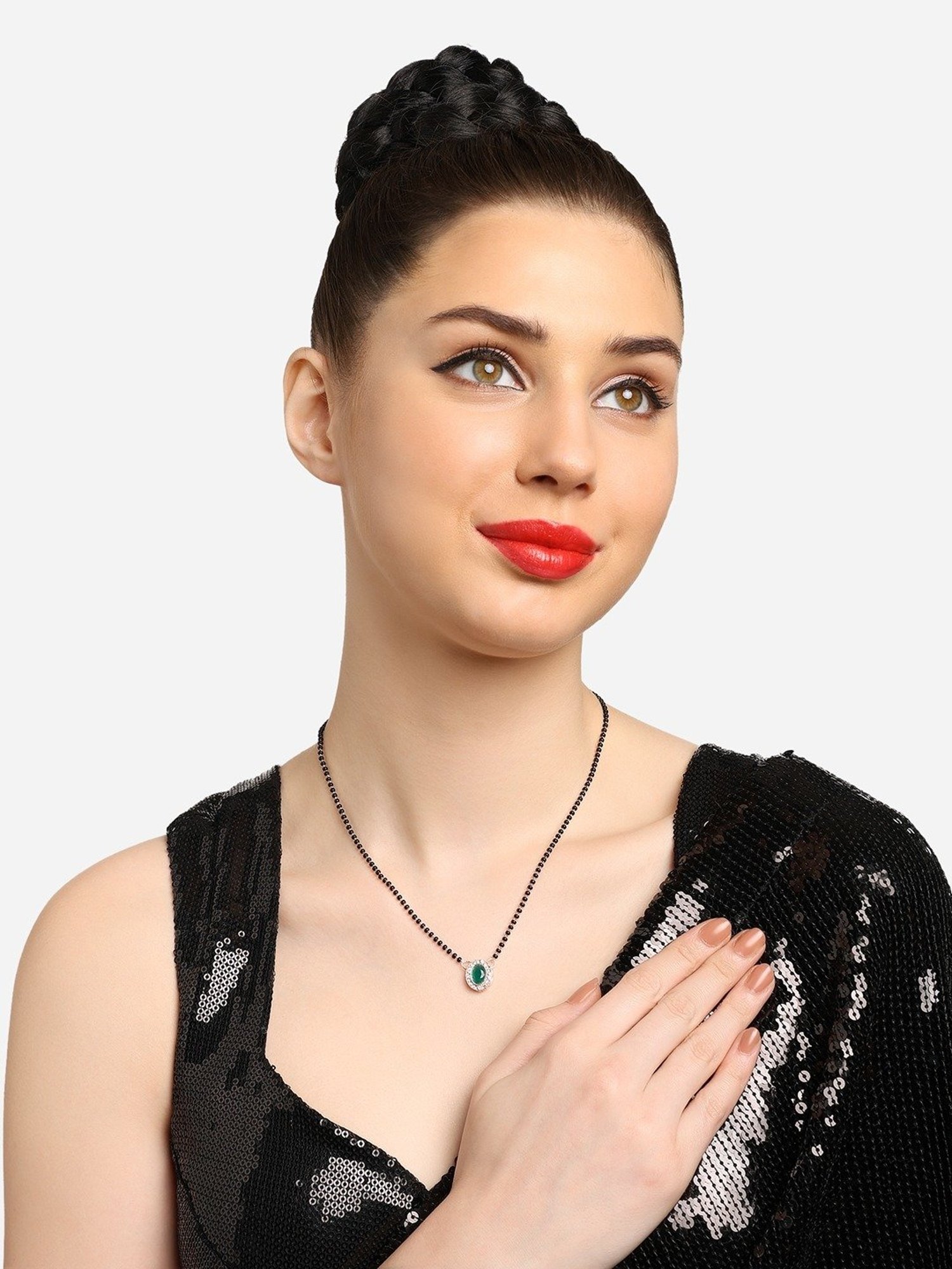 Abdesigns Gold-Plated American Diamond & Black Beaded Mangalsutra