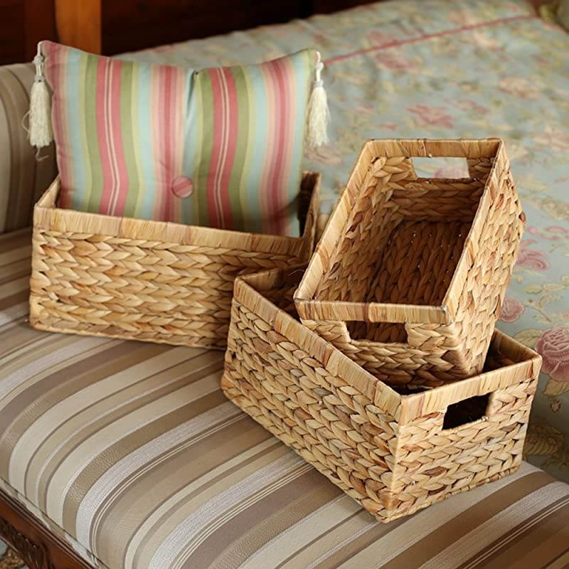 Storage BasketsWoven Natural Water hyacinth Box with HandleSet of 3