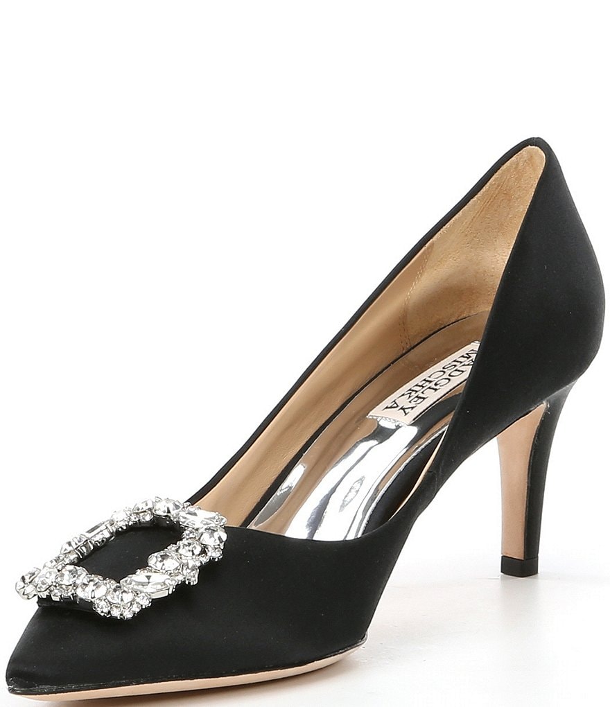 Badgley Mischka Carrie Satin Brooch Embellished Pumps
